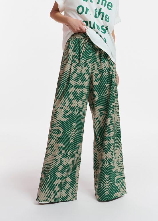 Beige and dark green wide-leg pants with geometric print