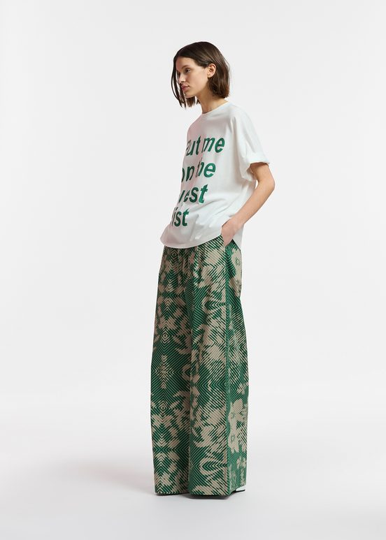 Beige and dark green wide-leg pants with geometric print