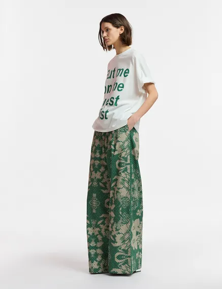 Beige and dark green wide-leg pants with geometric print