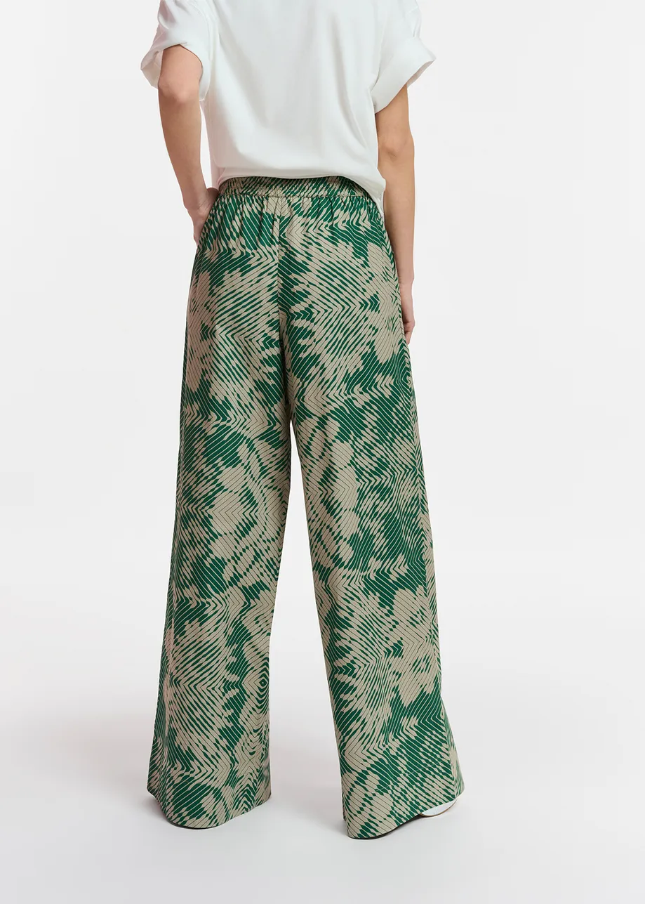 Beige and dark green wide-leg pants with geometric print