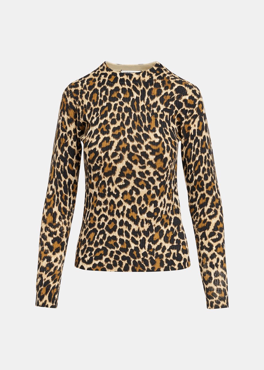 Maglione lavorato a coste beige con motivo leopardato 