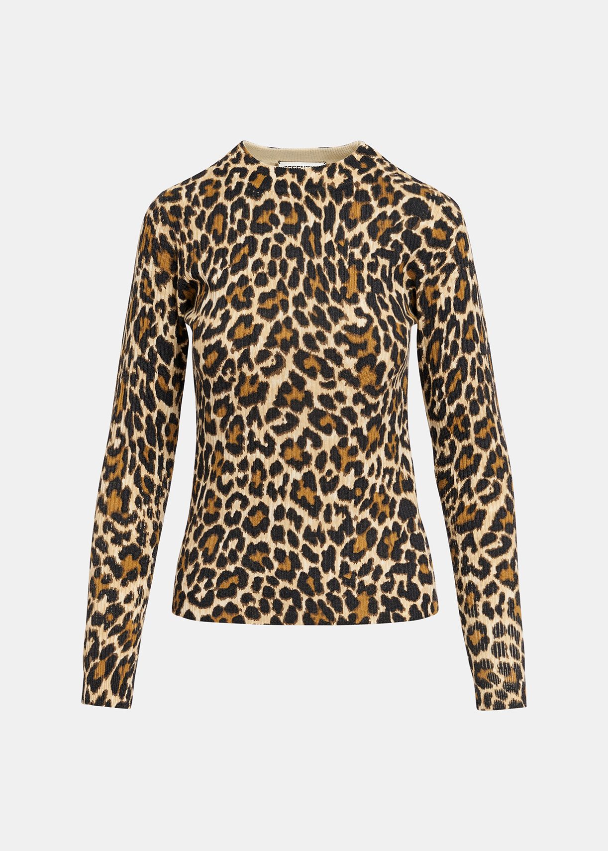 Maglione lavorato a coste beige con motivo leopardato 