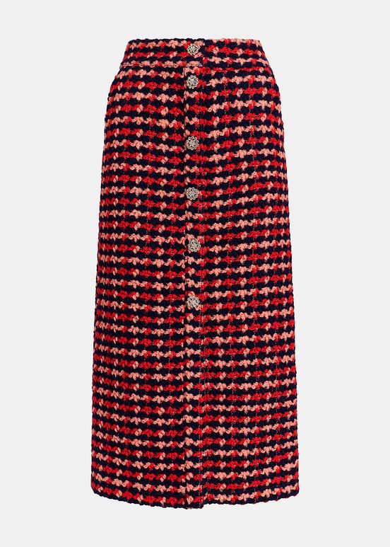 Navy blue, red and peach wool-blend tweed midi skirt