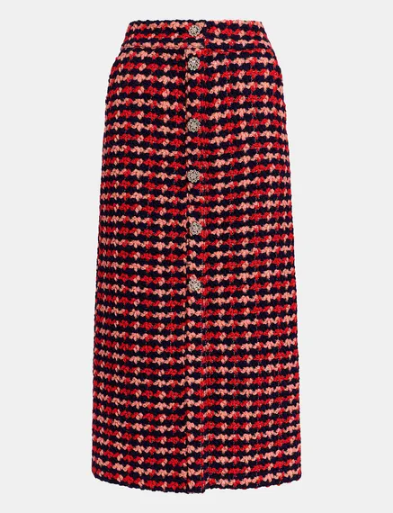 Navy blue, red and peach wool-blend tweed midi skirt