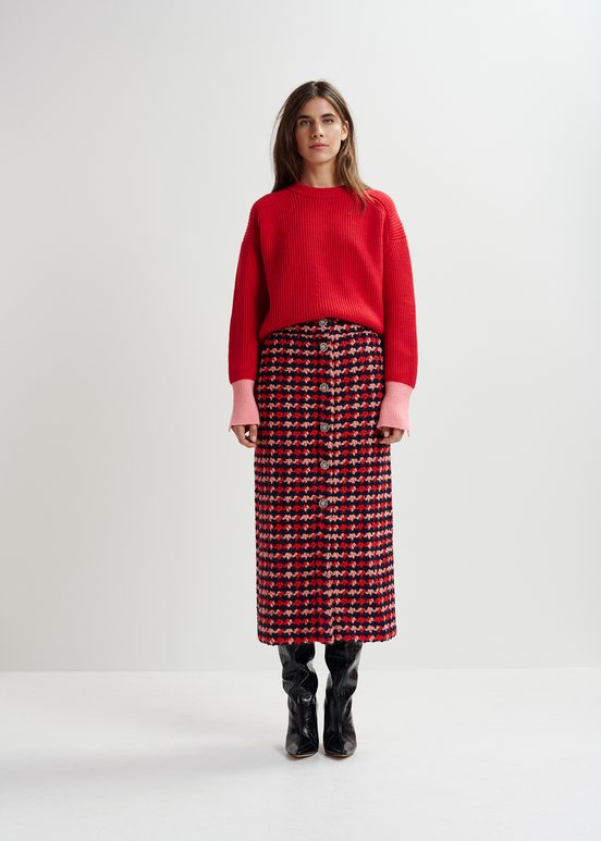 Jupe mi-longue en tweed de laine mélangée bleu marine, rouge et pêche