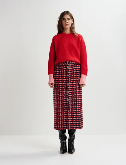 Navy blue, red and peach wool-blend tweed midi skirt