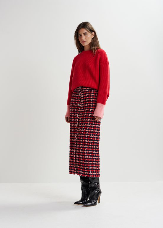 Navy blue, red and peach wool-blend tweed midi skirt