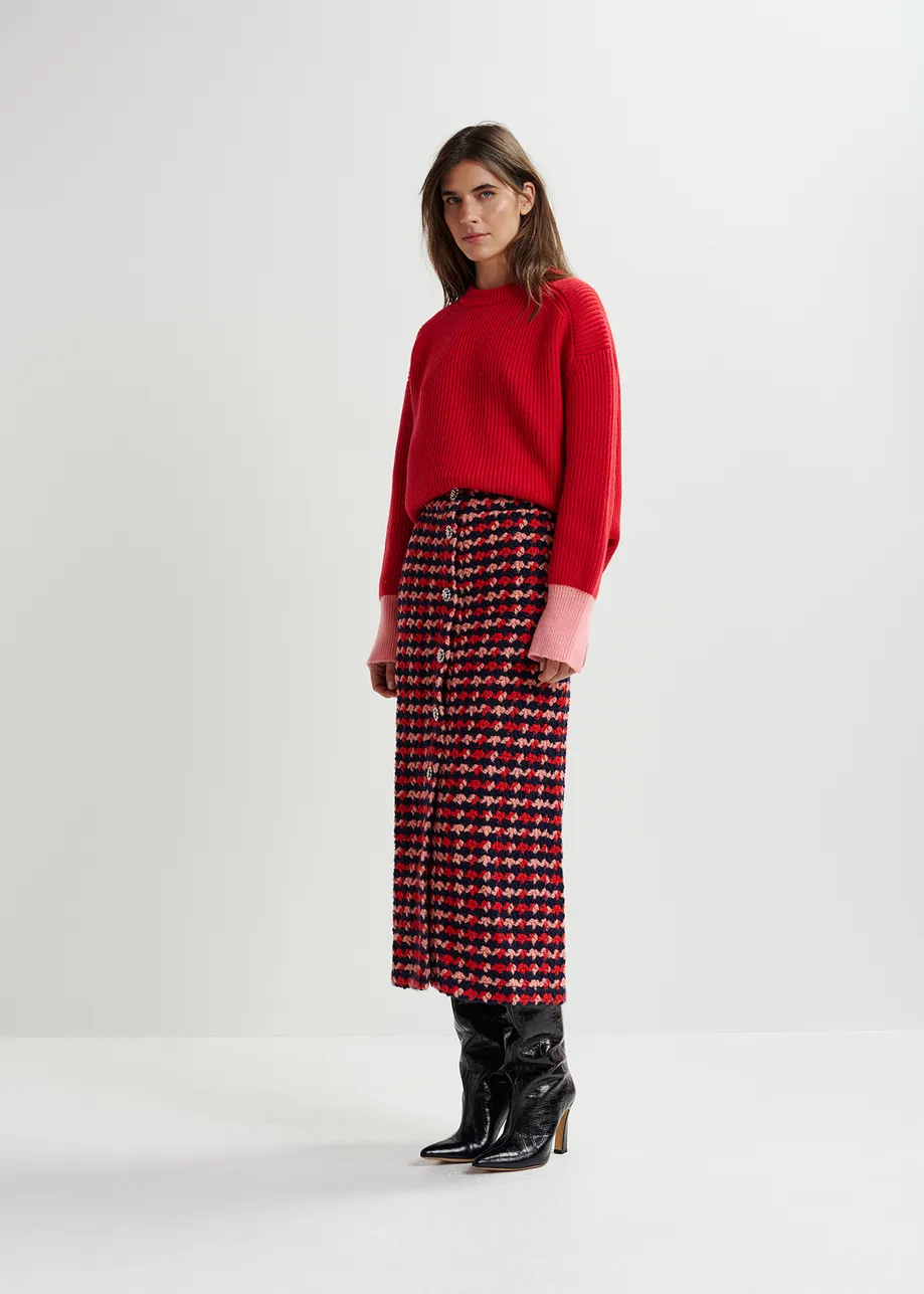 Navy blue, red and peach wool-blend tweed midi skirt