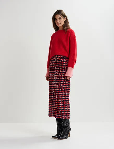 Navy blue, red and peach wool-blend tweed midi skirt