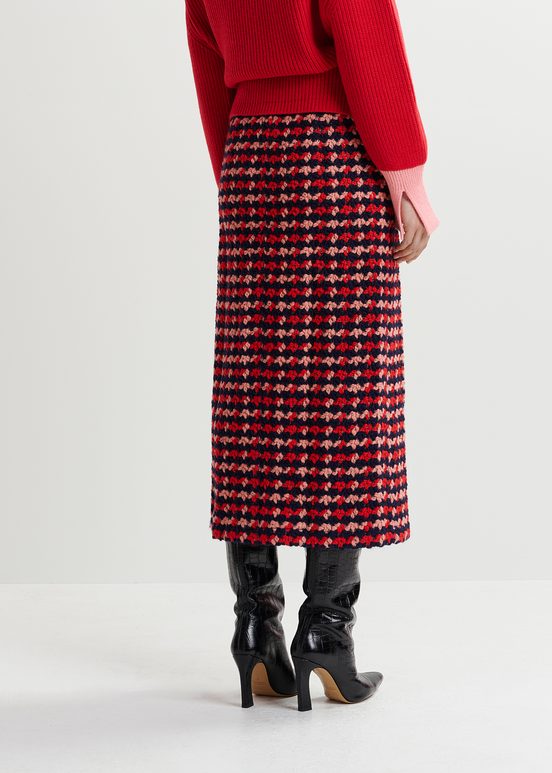 Navy blue, red and peach wool-blend tweed midi skirt