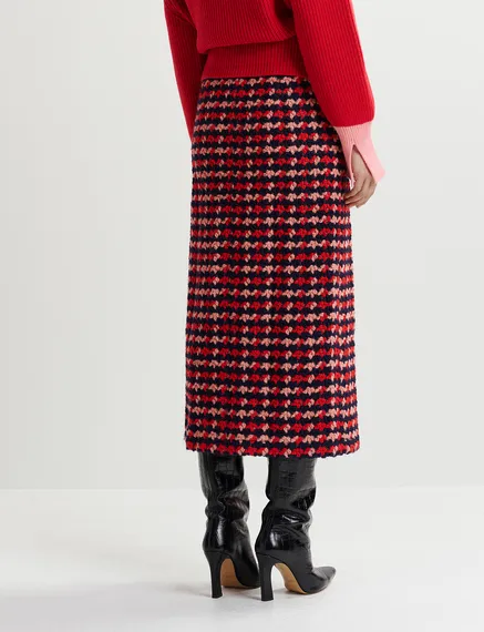 Navy blue, red and peach wool-blend tweed midi skirt