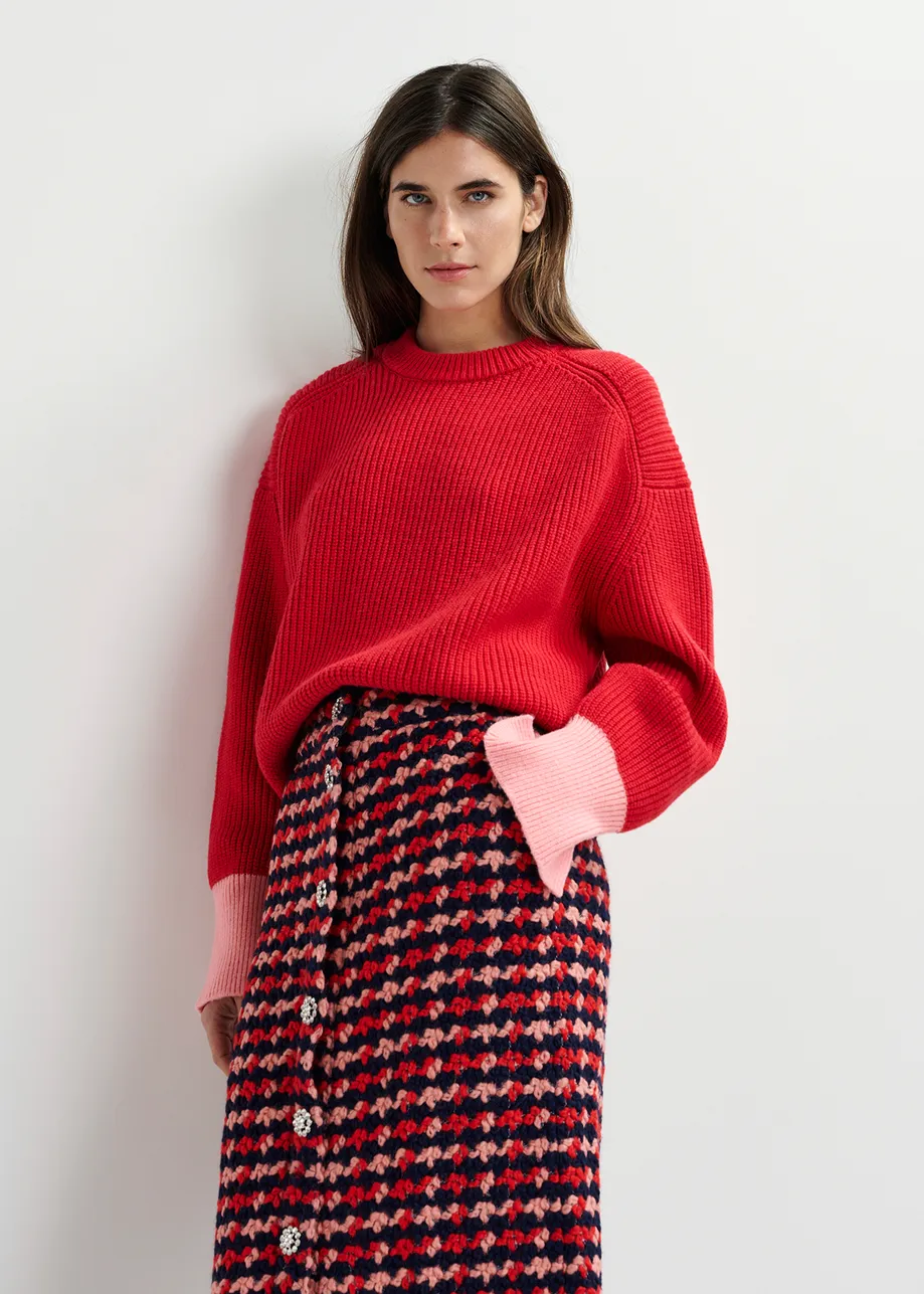 Navy blue, red and peach wool-blend tweed midi skirt