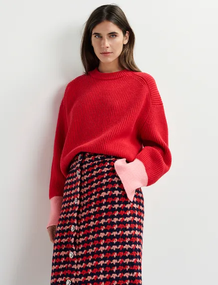 Navy blue, red and peach wool-blend tweed midi skirt