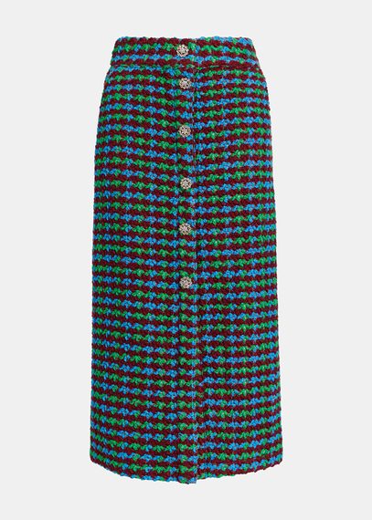 Burgundy, blue and green wool-blend tweed midi skirt