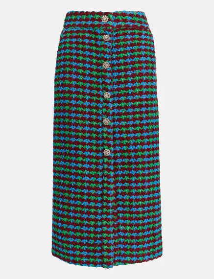 Burgundy, blue and green wool-blend tweed midi skirt