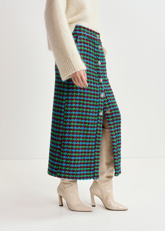 Burgundy, blue and green wool-blend tweed midi skirt