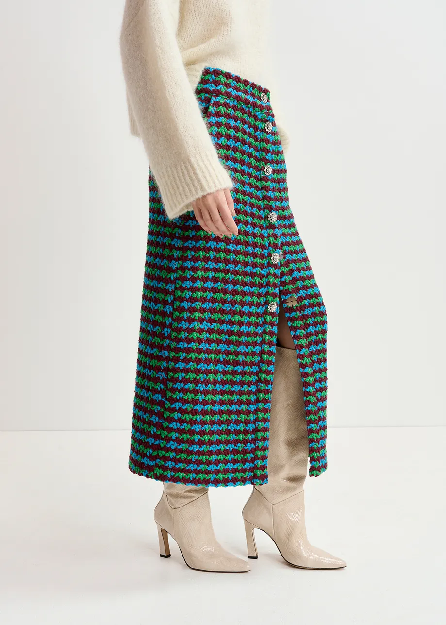 Bordeaux, blauwe en groene midirok in wolmix tweed