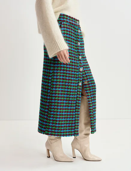 Bordeaux, blauwe en groene midirok in wolmix tweed