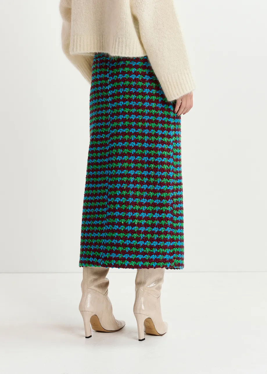 Burgundy, blue and green wool-blend tweed midi skirt