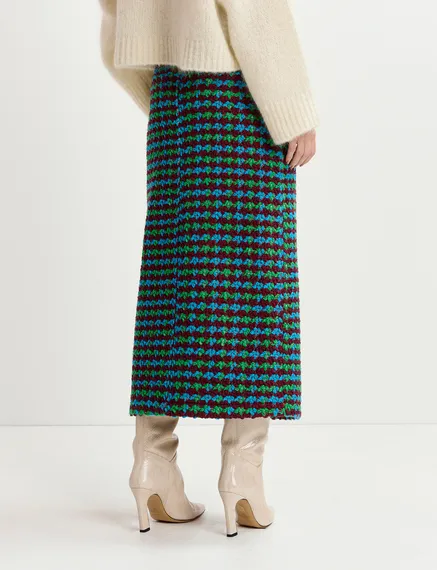 Burgundy, blue and green wool-blend tweed midi skirt