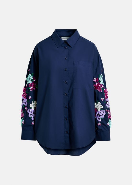 Navy blue cotton shirt with floral sequin embroideries