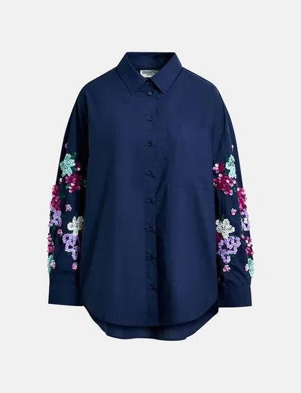 Navy blue cotton shirt with floral sequin embroideries