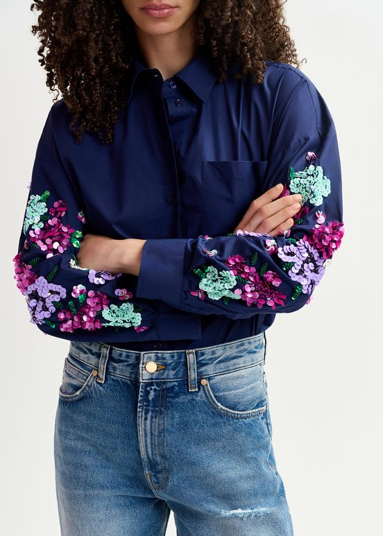 Navy blue cotton shirt with floral sequin embroideries