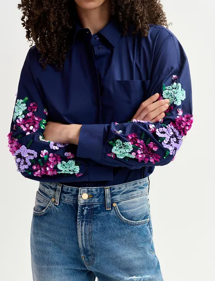 Camisa de algodón con bordados florales de lentejuelas, azul marino