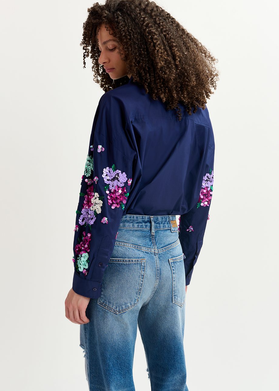 Navy blue cotton shirt with floral sequin embroideries