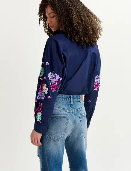 Navy blue cotton shirt with floral sequin embroideries