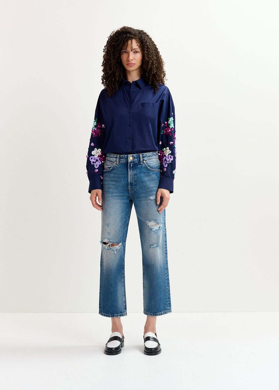 Navy blue cotton shirt with floral sequin embroideries