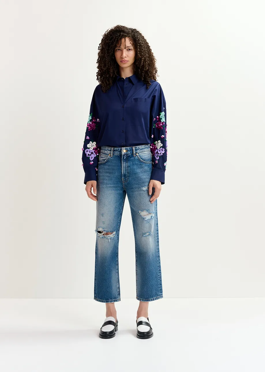 Navy blue cotton shirt with floral sequin embroideries