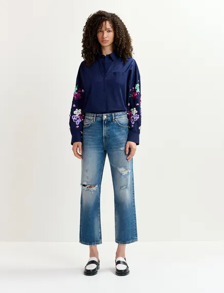 Navy blue cotton shirt with floral sequin embroideries