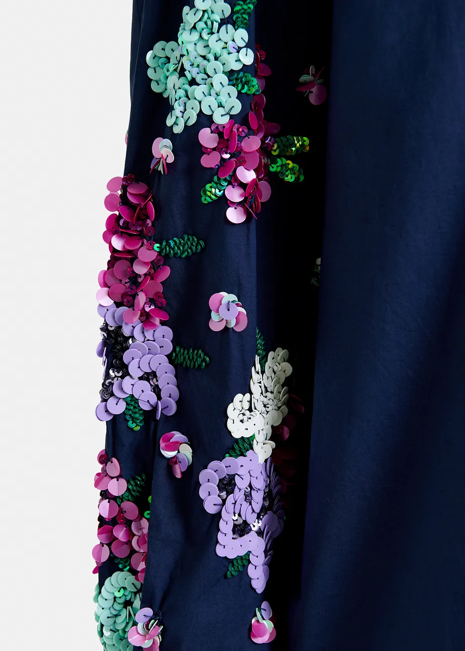 Navy blue cotton shirt with floral sequin embroideries