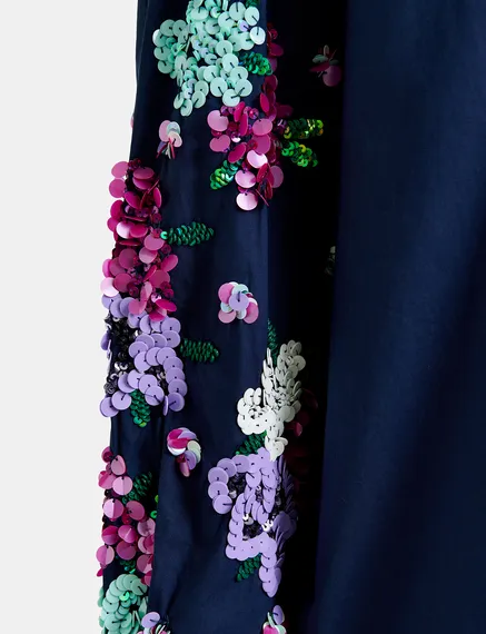 Navy blue cotton shirt with floral sequin embroideries