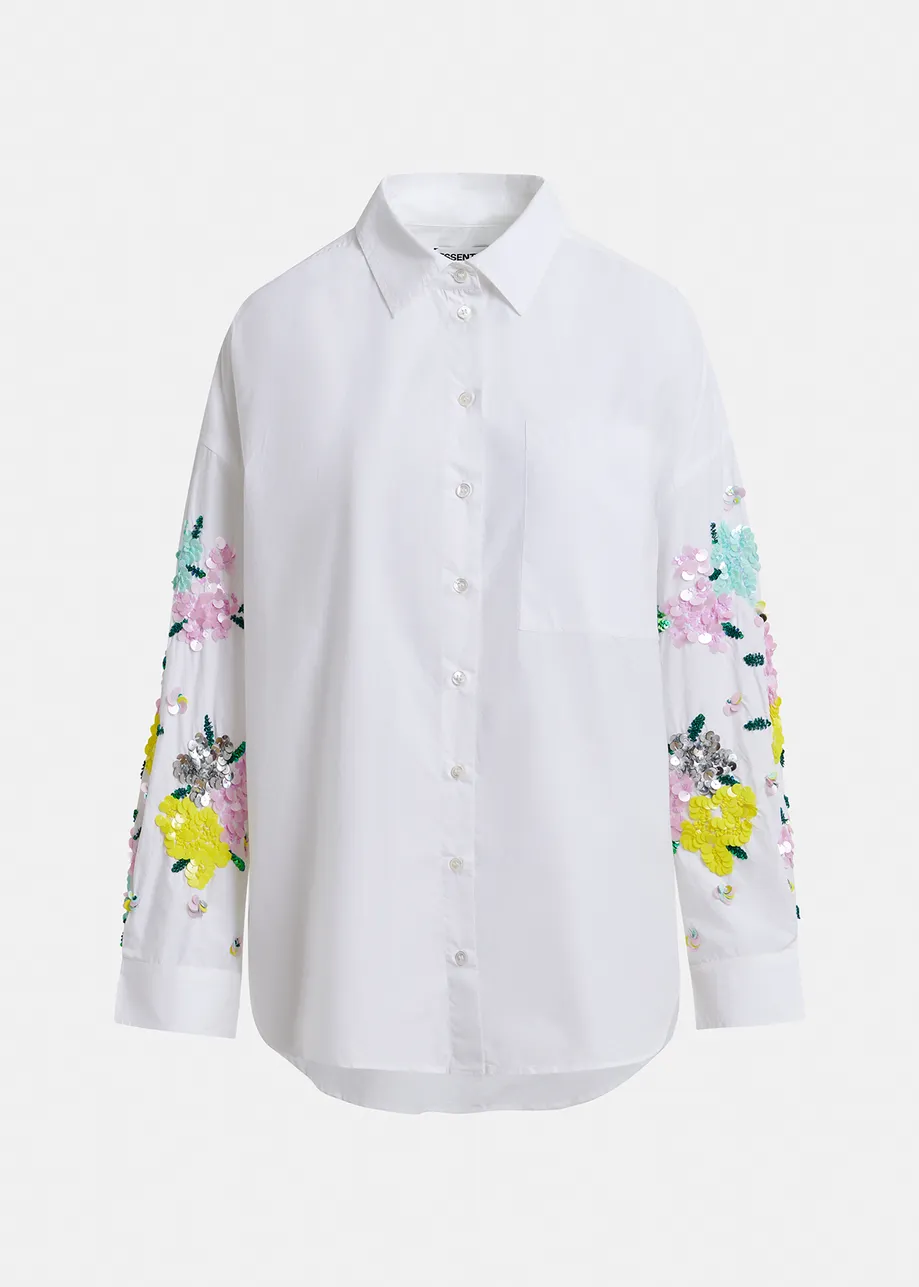 Camisa de algodón con bordados florales de lentejuelas, blanco roto