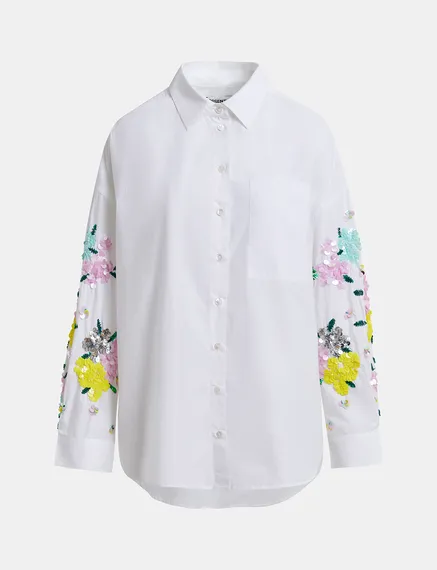 Camisa de algodón con bordados florales de lentejuelas, blanco roto