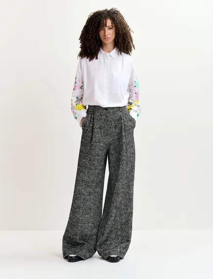 White cotton shirt with floral sequin embroideries