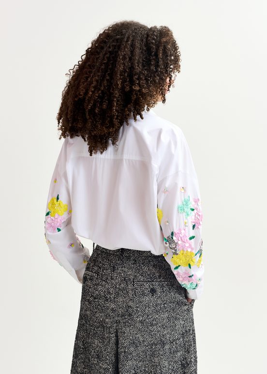 White cotton shirt with floral sequin embroideries