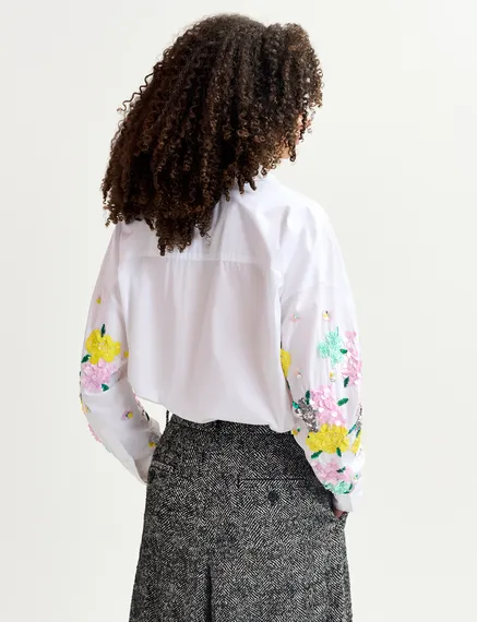 Camisa de algodón con bordados florales de lentejuelas, blanco roto