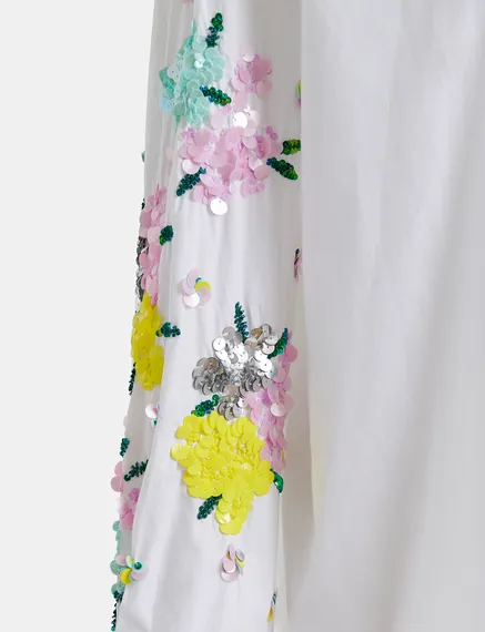 White cotton shirt with floral sequin embroideries