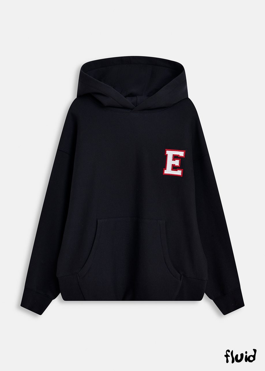 Black cotton hoodie with embroidered patches