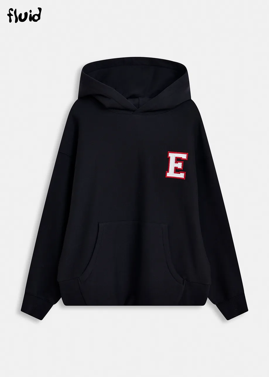 Black cotton hoodie with embroidered patches