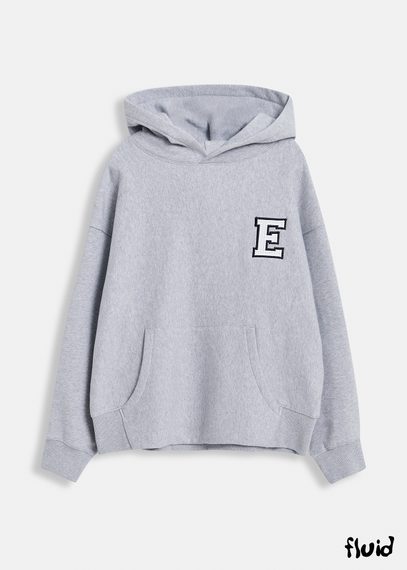 Grey cotton hoodie with embroidered patches