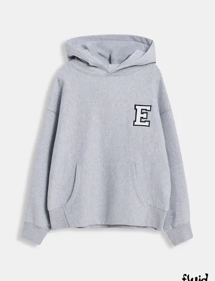 Grey cotton hoodie with embroidered patches