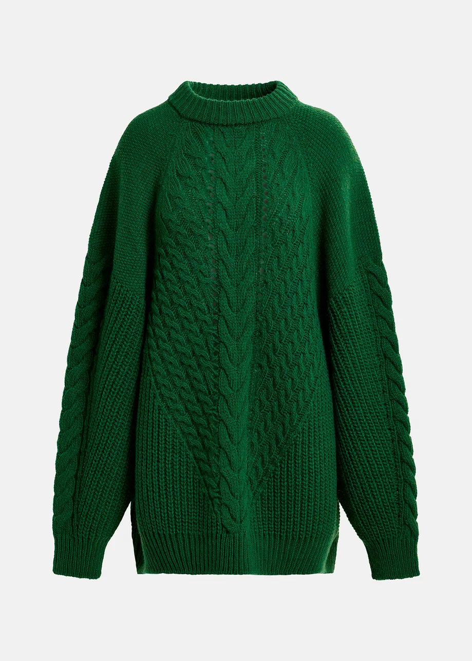 Maglione oversize verde scuro lavorato a treccia