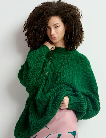 Maglione oversize verde scuro lavorato a treccia