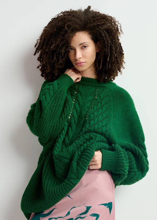 Dunkelgrüner Oversized Strickpullover mit Zopfmuster