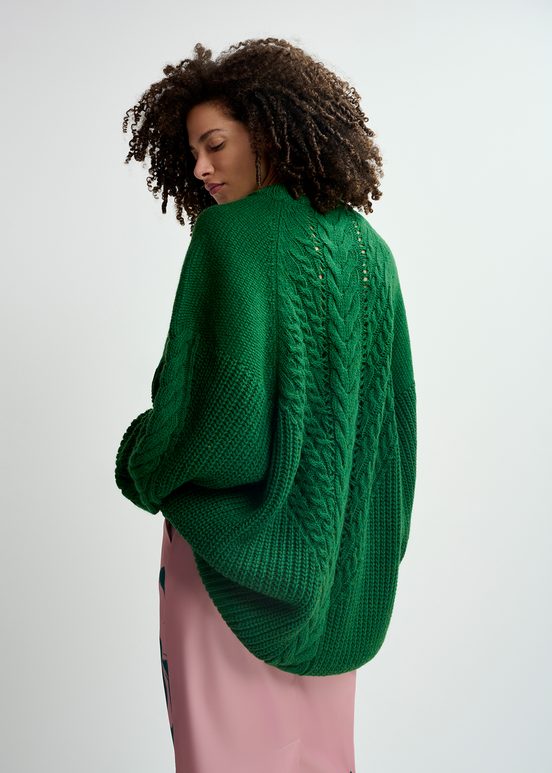 Dunkelgrüner Oversized Strickpullover mit Zopfmuster