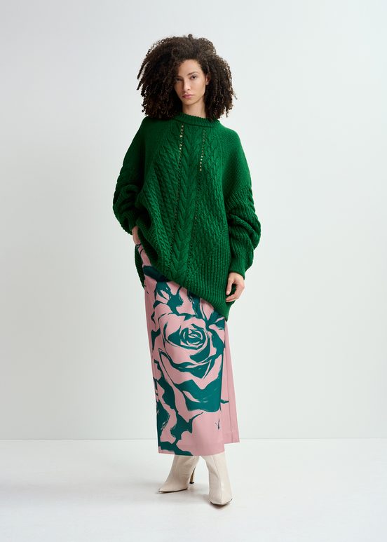 Dunkelgrüner Oversized Strickpullover mit Zopfmuster